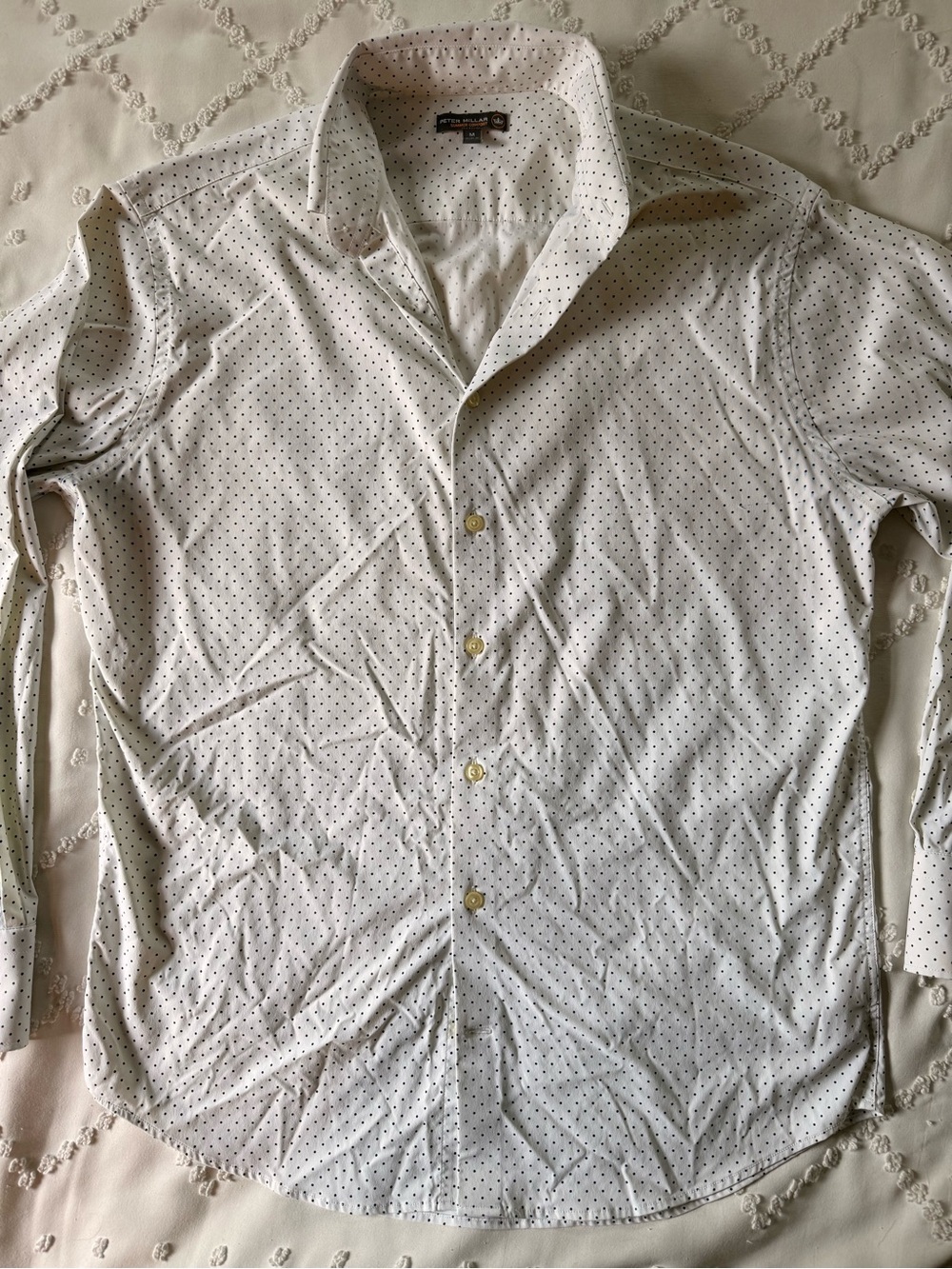 Peter Millar Summer Comfort White and Navy Dots Button Down Shirt Size Medium